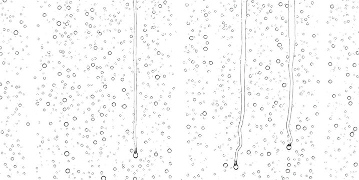 Heavy rain condensation with water droplets and running streaks on a white background