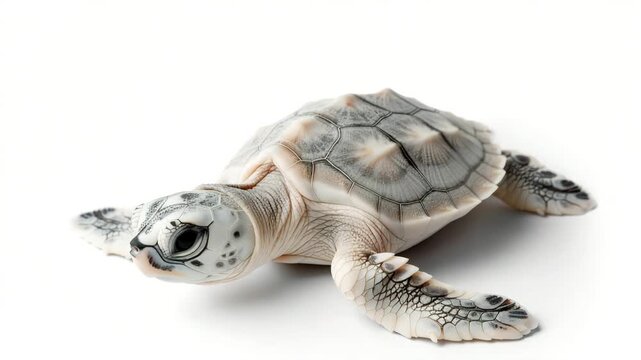 A young turtle explores a clean surface, using its flippers to push forward. It appears curious and determined. The space is bright and safe for its movement