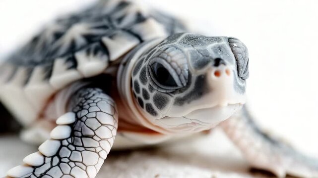 Small turtle hatchlings make their way across the sandy beach. They struggle against the soft sand as the sun starts to rise. The natural setting shows the beauty of wildlife at sunrise