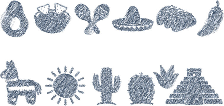 Mexican Culture Doodle Icons Set Illustration