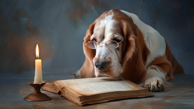 A basset hound lies on a table with a book in front of it. The dog wears small reading glasses and has a candle beside it. The light creates a warm and inviting atmosphere