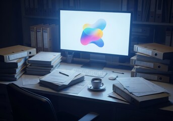 Naklejka premium Dim office lighting illuminates a cluttered desk with cold coffee, overflowing files, and a glowing screen, capturing a sense of exhaustion, clutter, shadows, corporate