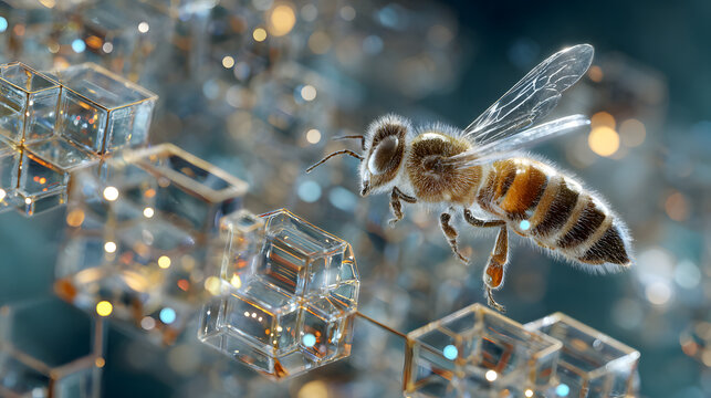 A delicate bumblebee hovering over glowing geometric honeycomb structures with a medicinal aura.