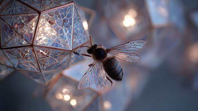 A delicate bumblebee hovering over glowing geometric honeycomb structures with a medicinal aura.