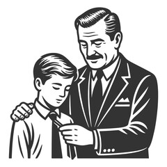 Fototapeta premium father guiding his teenage son while teaching him how to tie a necktie sketch engraving generative ai fictional character vector illustration. Scratch board imitation. Black and white image.