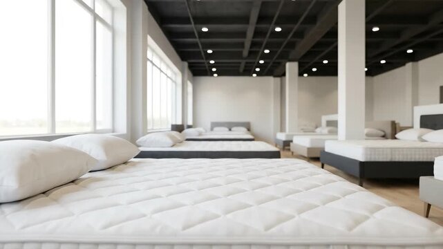 Mattress showroom with various beds on display. Modern retail store for home furniture and sleep products. Interior of a bright mattress shop