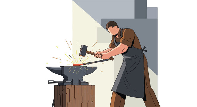 Blacksmith works hot metal on an anvil with a hammer and sparks