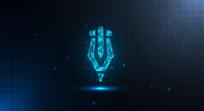 A vibrant neon blue psi symbol radiates with digital particle effects on a dark futuristic background, evoking tech and innovation themes.