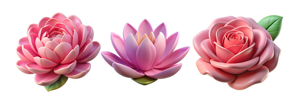 Pink 3D Flowers Set on White Background