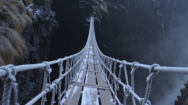 Long rope suspension bridge spanning a deep chasm in snowy mountains. Winter adventure and exploration concept. Forward tracking shot