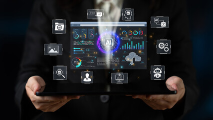 Fototapeta premium AI analytics turns data into insight for business planning, reporting, and decision support. Use AI analytics to monitor performance, automate analysis, and guide strategy. Corpus