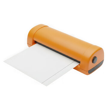Orange laminating machine with a white sheet of paper inside isolated on transparent background