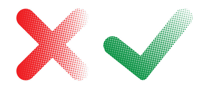 Check mark icons with halftone. Wright and Wrong icon, correct and cross symbol. Yes and no icon button. Tick mark and cross mark icon vector set. Wright and wrong button for web design and mobile app