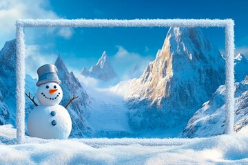 Obraz premium Cheerful snowman stands in snow against majestic mountains during a bright winter day