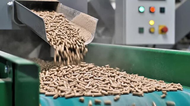 Biomass or feed pellets flow onto a conveyor belt in an industrial factory, showcasing efficient production