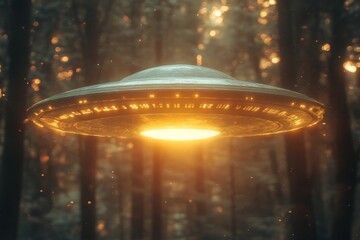 Fototapeta premium UFO Hovering In Glowing Forest