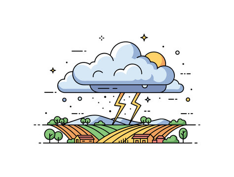 Storm clouds rolling over farmland with lightning illuminating distant hills and scattered trees, creating a dynamic and powerful visual of weather in action.