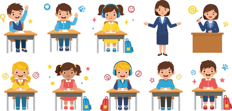 School children in classroom set with teacher and students at desks, learning activities and education concept cartoon vector illustration collection