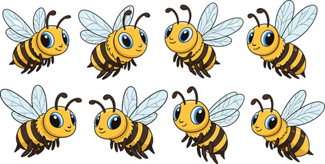 Fototapeta premium Cute flying bee characters set with different poses adorable cartoon insect vector illustration collection