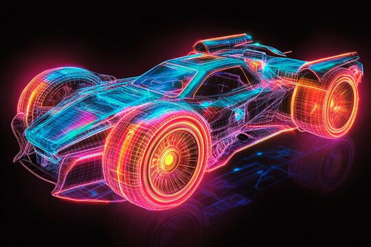 Futuristic automobile design featuring realistic skeleton drawing in neon wireframe style with vibrant colors