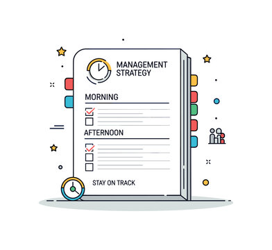 Time management strategy concept featuring a single planner page with clearly marked morning, afternoon and evening sections. Tiny checkmarks and a short ?Stay
