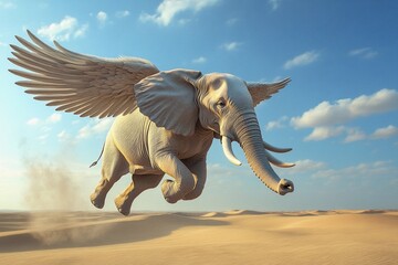 Fototapeta premium Elephant with wings soaring above a vast, golden desert landscape in bright sunlight