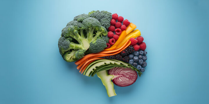 Conceptual Human Brain Shape Made of Fresh Vegetables and Berries for Healthy Nutrition and Mental Wellness