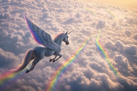 Winged unicorn gracefully soaring among vibrant clouds and rainbow in a magical sky