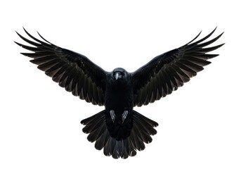 Fototapeta premium A majestic black raven with its wings spread wide in flight, isolated on white background
