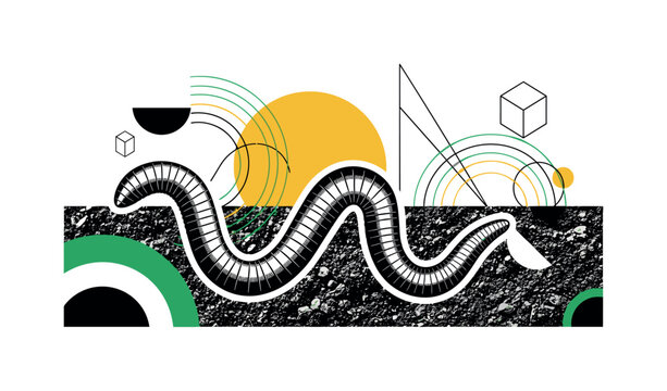 retro black and white earthworm forming a looping curve across soil, worm cut out with white contour outline, bold yellow circle behind the worm symbolizing