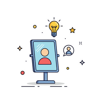 Self reflection process mirror reflecting a simplified figure with a small light bulb above, expressing insight and awareness. A thoughtful icon scene about