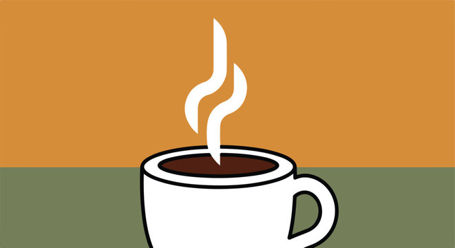 A simple graphic illustration of a steaming cup of coffee against a two-tone background