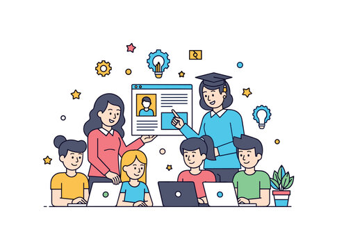 Teachers and students using educational technology with students collaborating on a shared digital project, showing teamwork, creativity, and