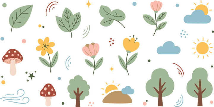 Spring nature elements set with flowers, leaves, trees, sun and clouds, seasonal botanical collection in flat cartoon style vector illustration