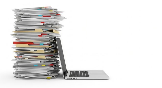 Huge stack of paper documents and folders next to a modern laptop. Concept of bureaucracy, workload, data digitization, office chaos and transition to paperless work.