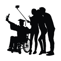 Naklejka premium Graduated disabled man in wheelchair taking selfie with friends silhouette isolated on white background flat vector illustration.
