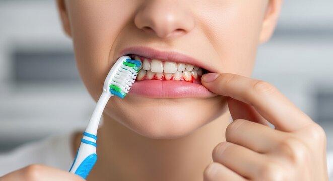 Woman brushing teeth with bleeding gums, gingivitis and dental health problem, oral hygiene concept, sensitive gums inflammation, periodontitis, dentistry, toothache.