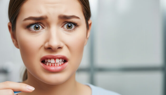 Young woman looking in the mirror with bleeding gums and scared expression. Concept of gingivitis, dental health, oral hygiene problems, and tooth sensitivity. Dental care and stomatology.
