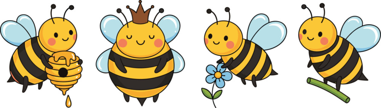 Cute bee characters set with honey hive crown and flower adorable cartoon insects vector illustration collection