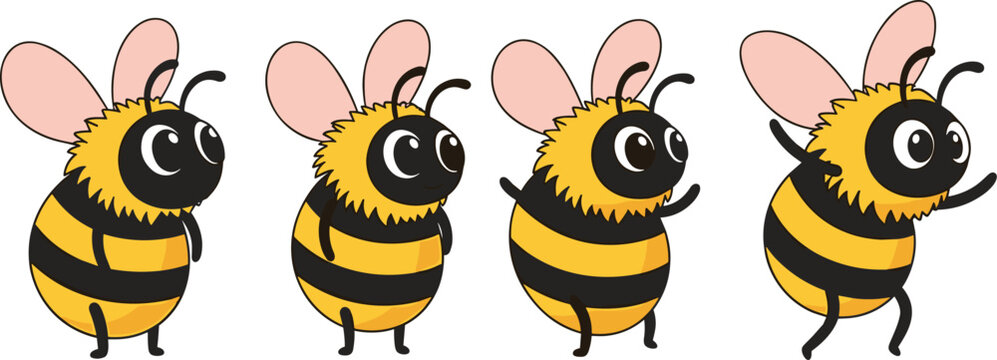 Cute bee characters walking set with funny cartoon insects side view vector illustration collection