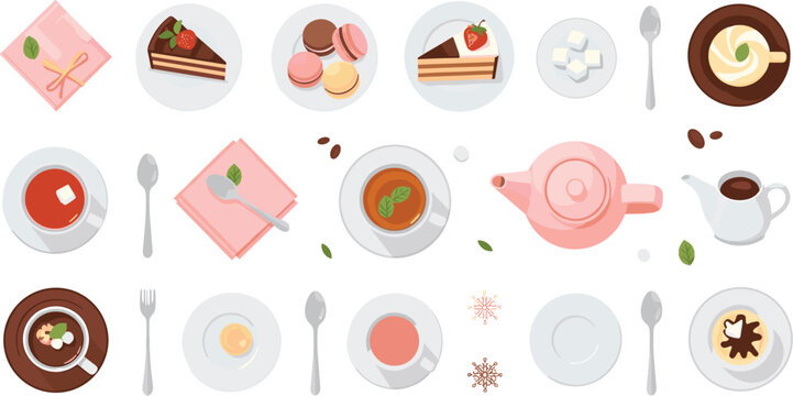 Top view dessert and coffee set with cakes macarons tea and tableware, cozy cafe menu elements flat vector illustration collection for bakery design