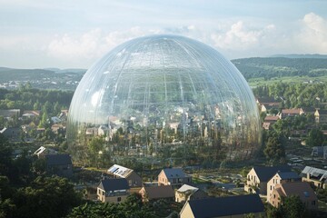 Fototapeta premium Transparent dome encases town surrounded by mountains and greenery