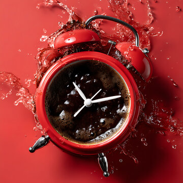A red alarm clock and waves of strong coffee