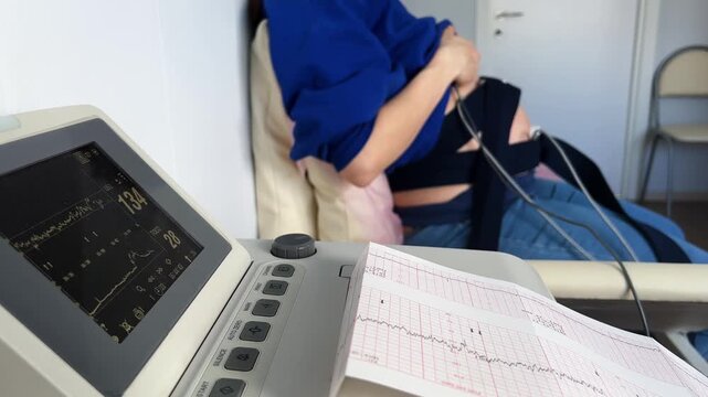 Cardiotocography machine printing a fetal heart rate and uterine contractions graph while a pregnant woman undergoes a nonstress test during a prenatal medical examination at the clinic