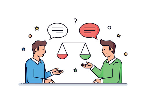 Civility and constructive discussion two people exchanging ideas with calm gestures while balanced speech bubbles represent thoughtful dialogue and respectful