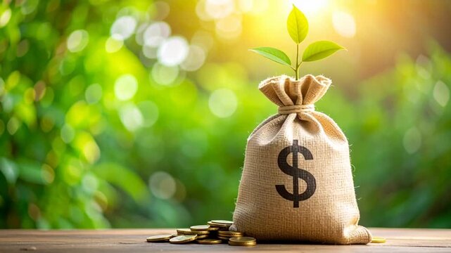 Money bag with growing plant.