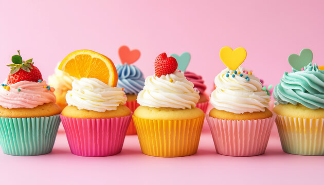 Several cupcakes with pink and white frosting are arranged on a pink surface. Small pink pearls are scattered around the sweet baked goods