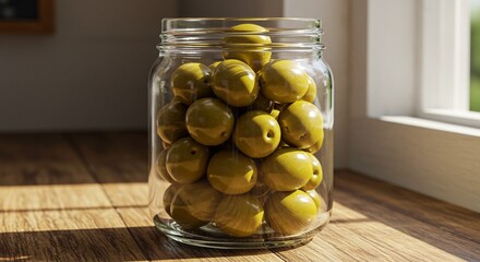 Green olives in a clear glass jar on a wooden table by a sunny window with white frames indoors