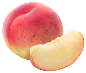 Peach fruit with slices isolated on white background, Fresh Peach on White Background With clipping...