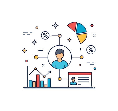 Customer behavior analytics illustrated by a small user silhouette connected to segmented chart elements and subtle percentage icons. A compact badge style